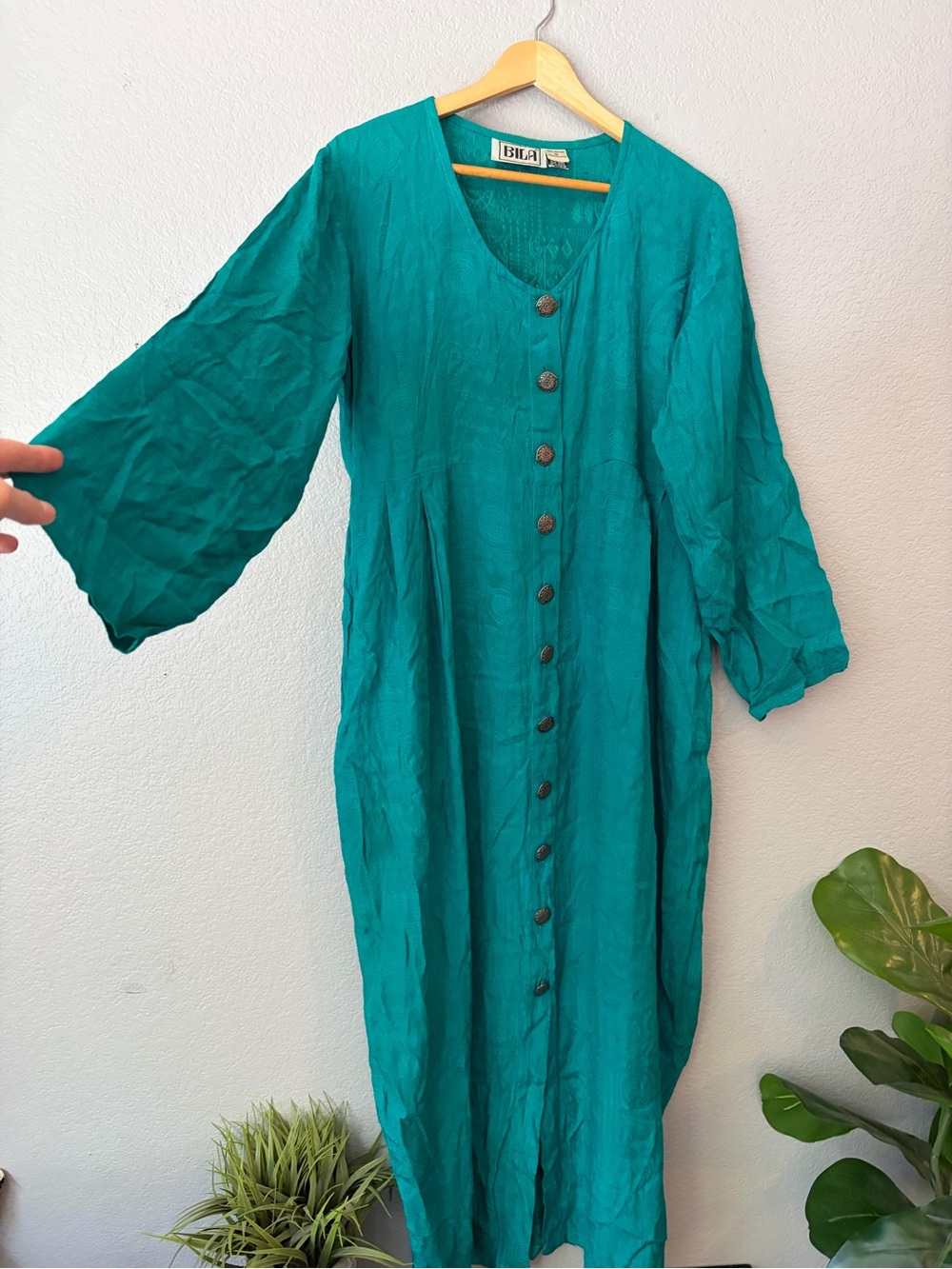 Vintage Bila Teal Button-Front Long Sleeve Dress Size Medium